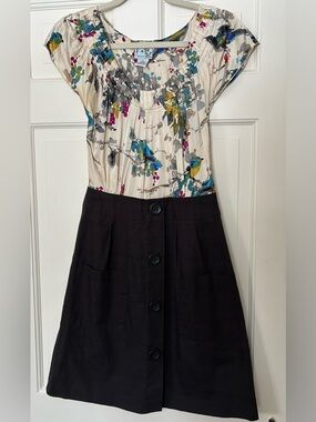 Anthropologie Tabitha sz 4 Silk Floral Bird  Bodice, Lined Pencil Skirt Dress